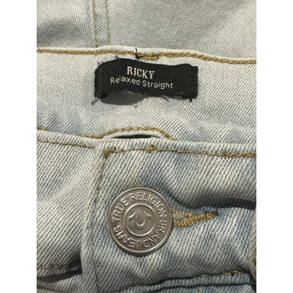True Religion Men's Blue Jeans Ricky Relaxed Straight Size 32 Light Blue Denim